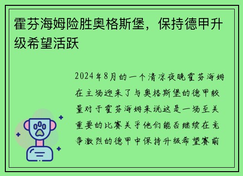 霍芬海姆险胜奥格斯堡，保持德甲升级希望活跃
