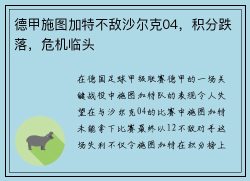 德甲施图加特不敌沙尔克04，积分跌落，危机临头